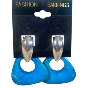 Vintage Retro 70 Style Earrings Interchangeable Plastic Lightweight Blue Silver